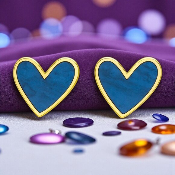 🆕 Royal Blue Enamel Heart Stud Earrings Gold Tone Statement Cute Gift for Girls - Picture 7 of 10